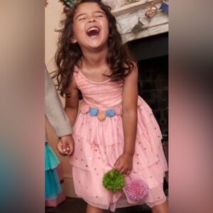 NWT. Mini Boden Fully-Lined Pink Dress with Colorful Pom-Pom at Waist, Size 4-5y
